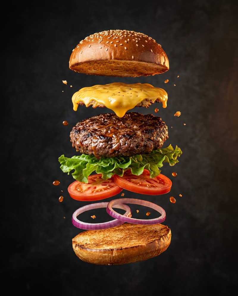 Hamburguesa gourmet despiezada con sus ingredientes flotando
